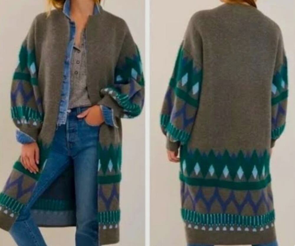 Anthropologie Navajo Duster Cardigan Sweater One Size Boho Western, Puff Sleeves